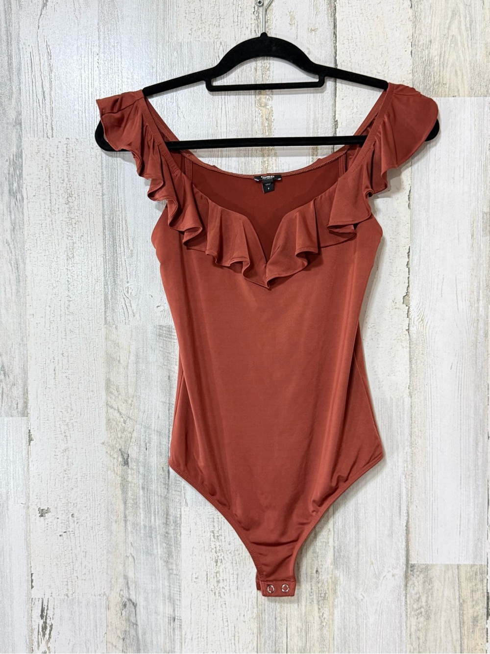 Express Contour Rusty Orange Off-Shoulder Ruffle Bodysuit